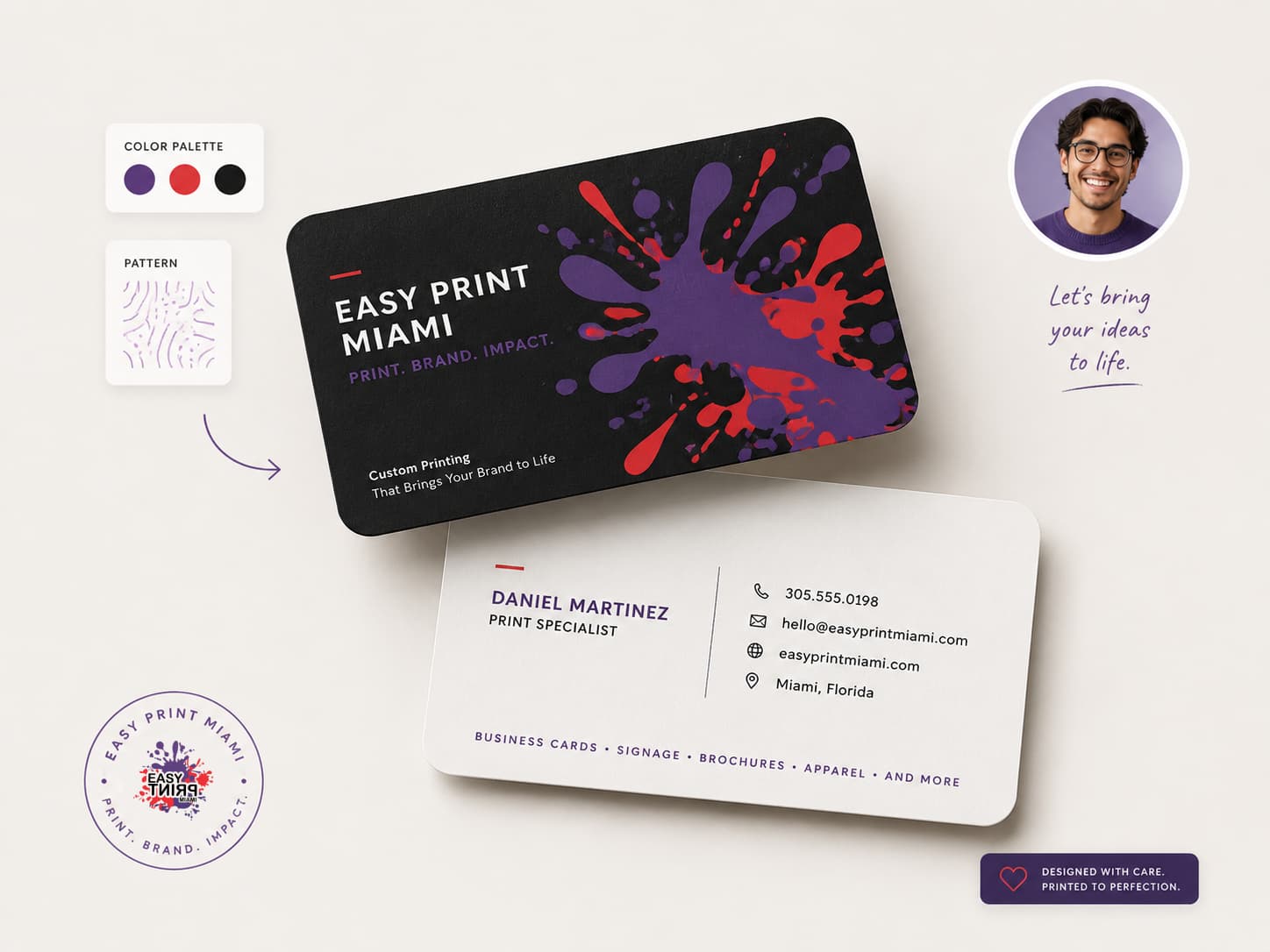 We Design service artwork showing a brand design concept with palette and print layout