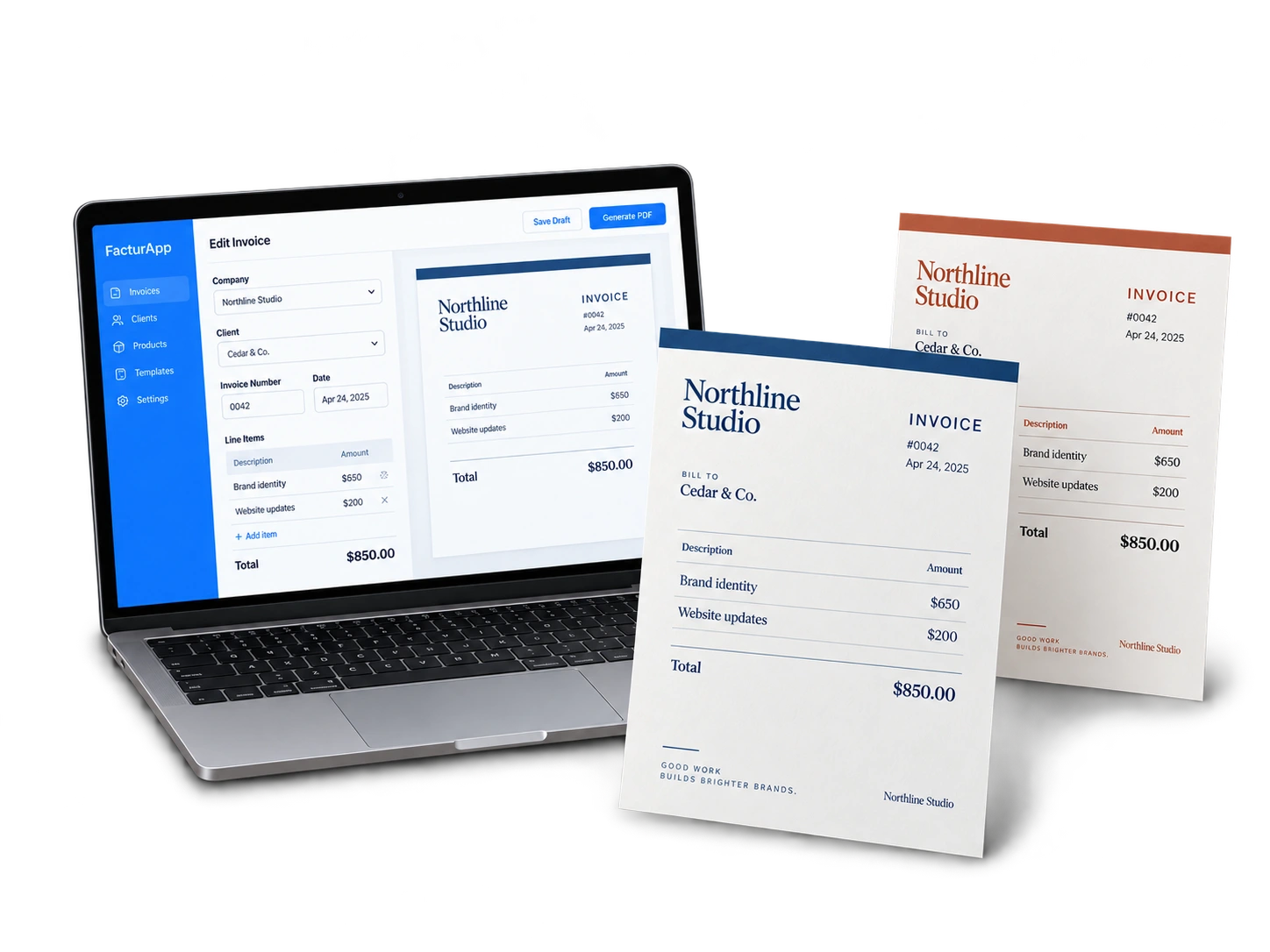 FacturApp editor and branded invoice PDFs in two visual styles; fictional examples