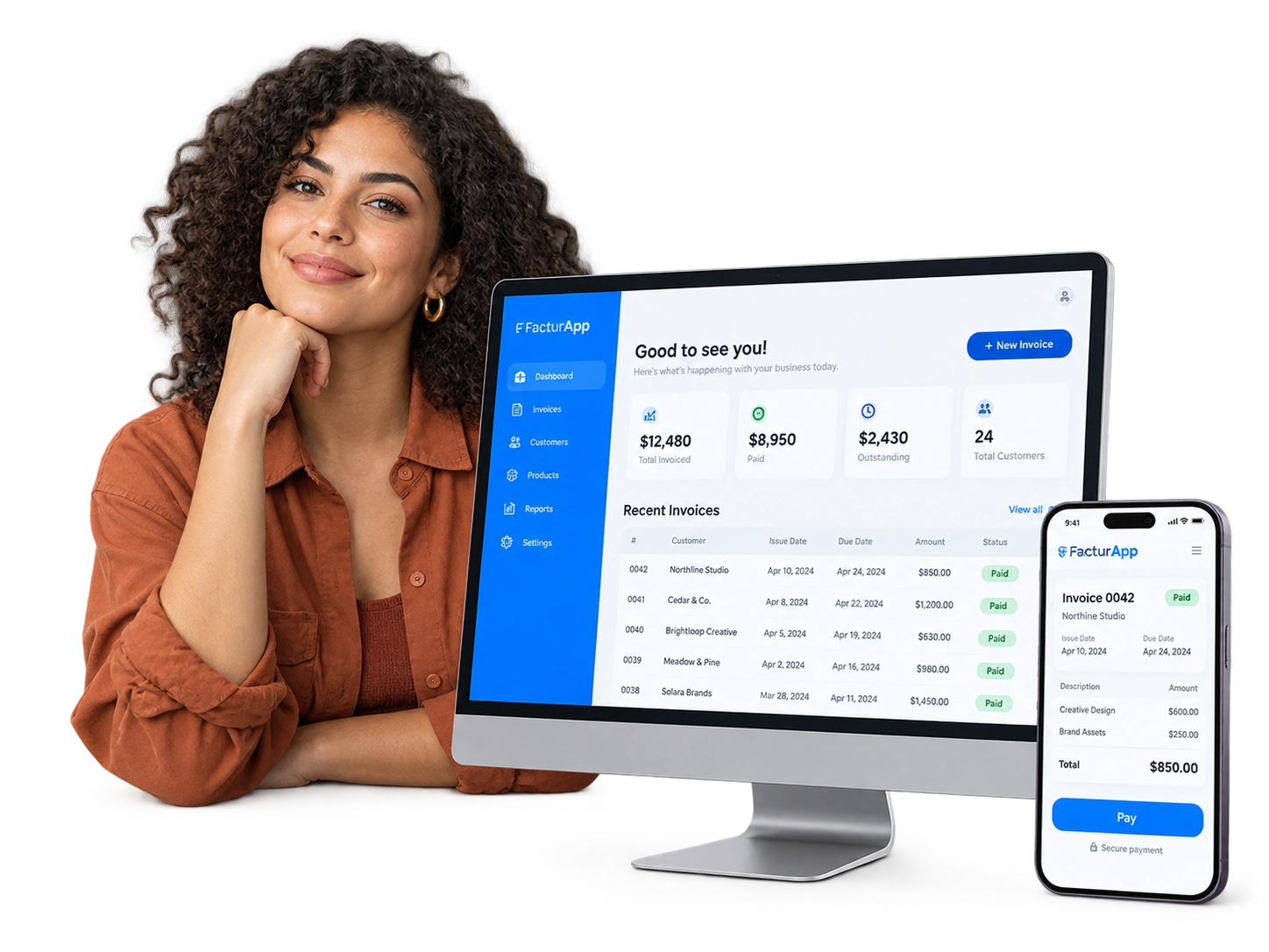 Freelancer with an invoicing dashboard on desktop and phone, recreated with fictional data