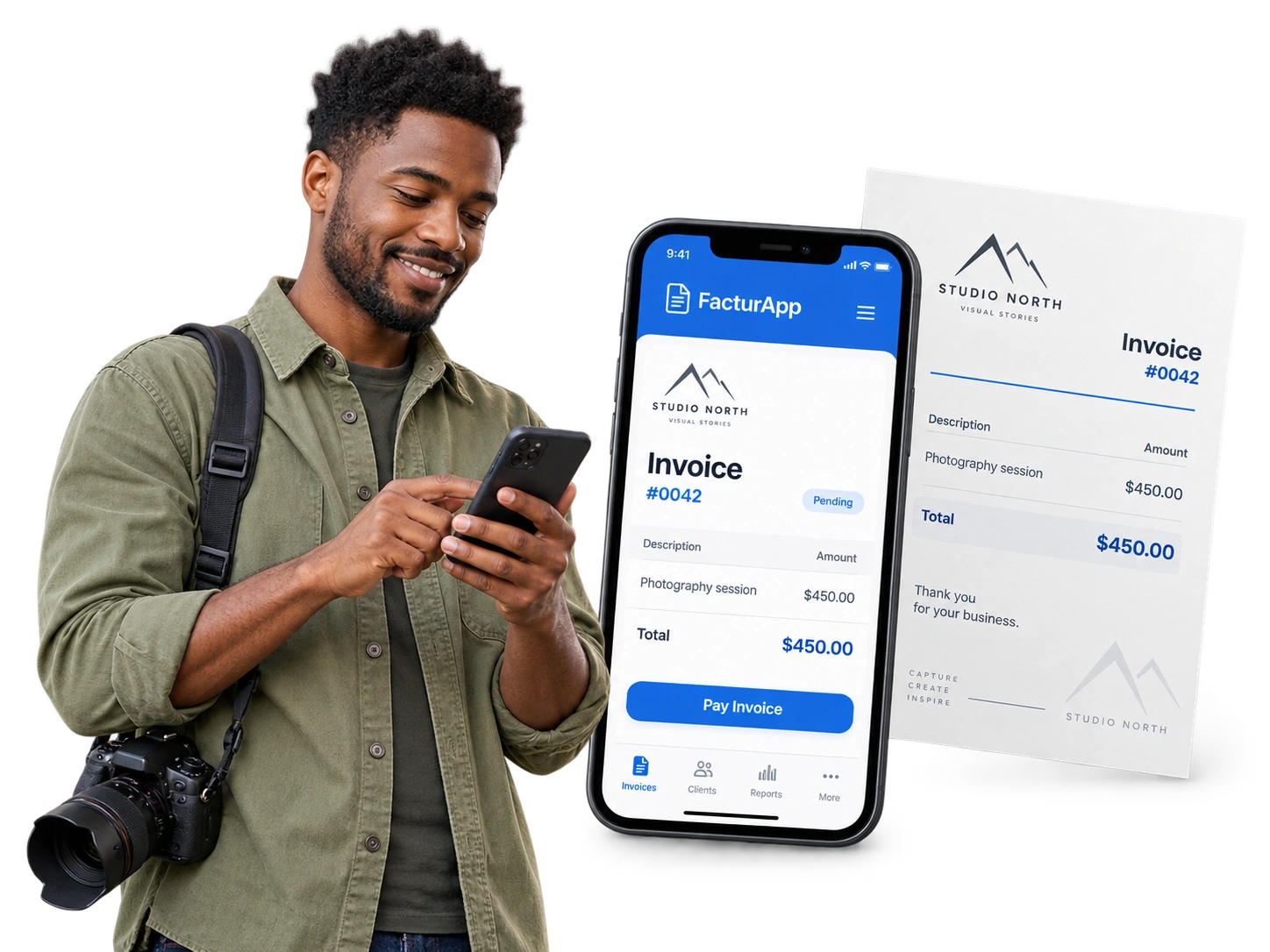 Male independent professional with a phone and an illustrative FacturApp invoice