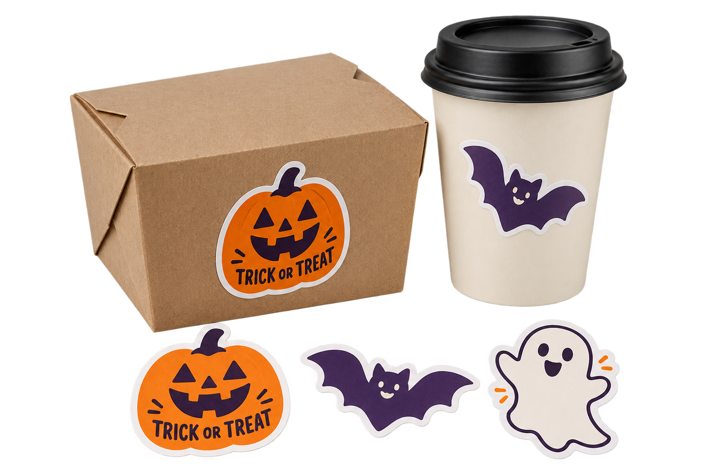 Halloween contour-cut stickers on a kraft box and coffee cup beside individual labels; packaging not included
