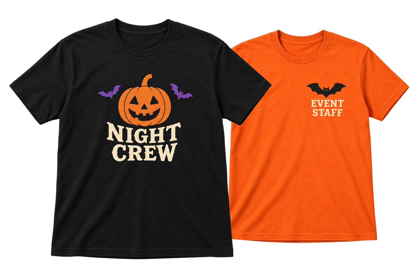 Black and orange cotton shirts with contained Halloween chest designs and unprinted sleeves; illustrative examples