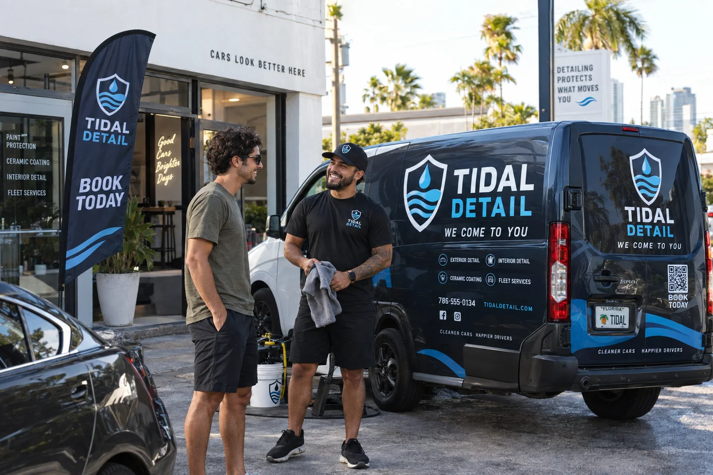 Tidal Detail owner beside a branded van and printed promotional flag