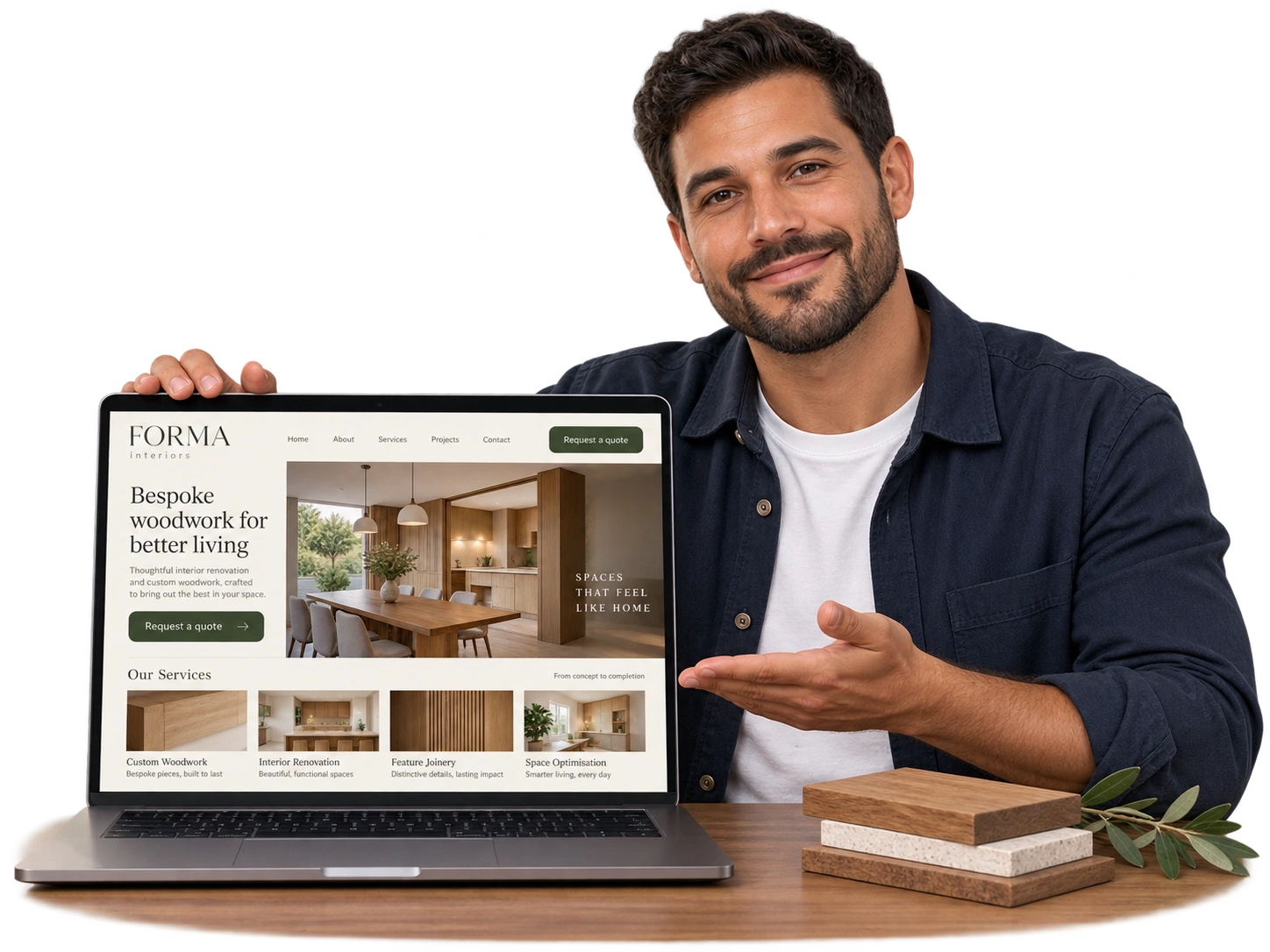 Dueño de un negocio de interiores presenta sus servicios y trabajos en una web
