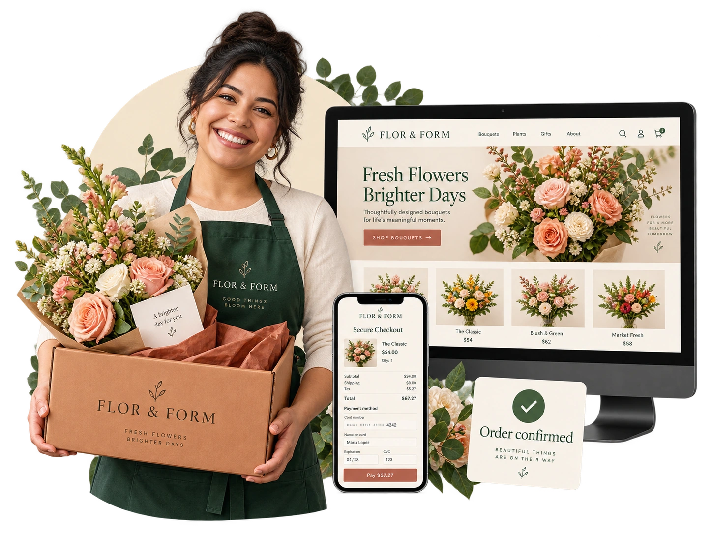 Flower shop owner with her online store, mobile checkout and order confirmation