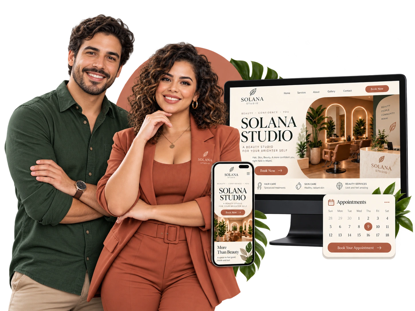 A woman and a man presenting their business website on desktop and phone