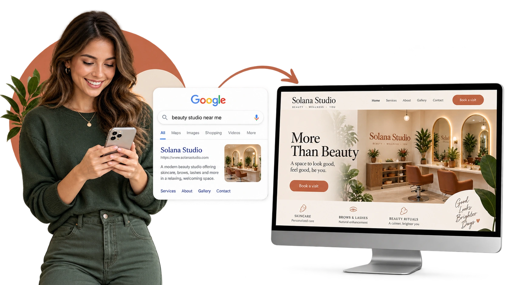A customer searches for a salon on Google and discovers its website