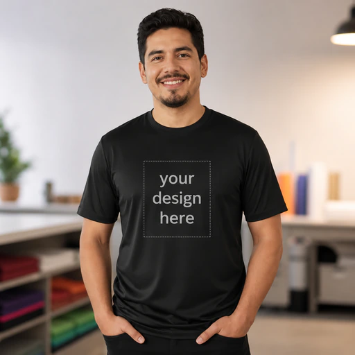 Team member wearing a black Dri-Fit performance T-shirt in a print studio